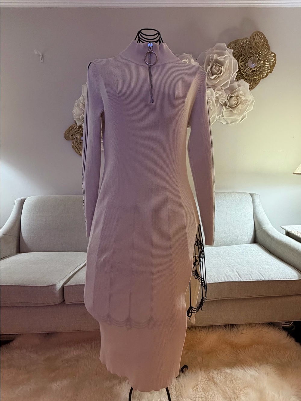 Ribbed Mock-Neck Long Sleeve Knit Dress